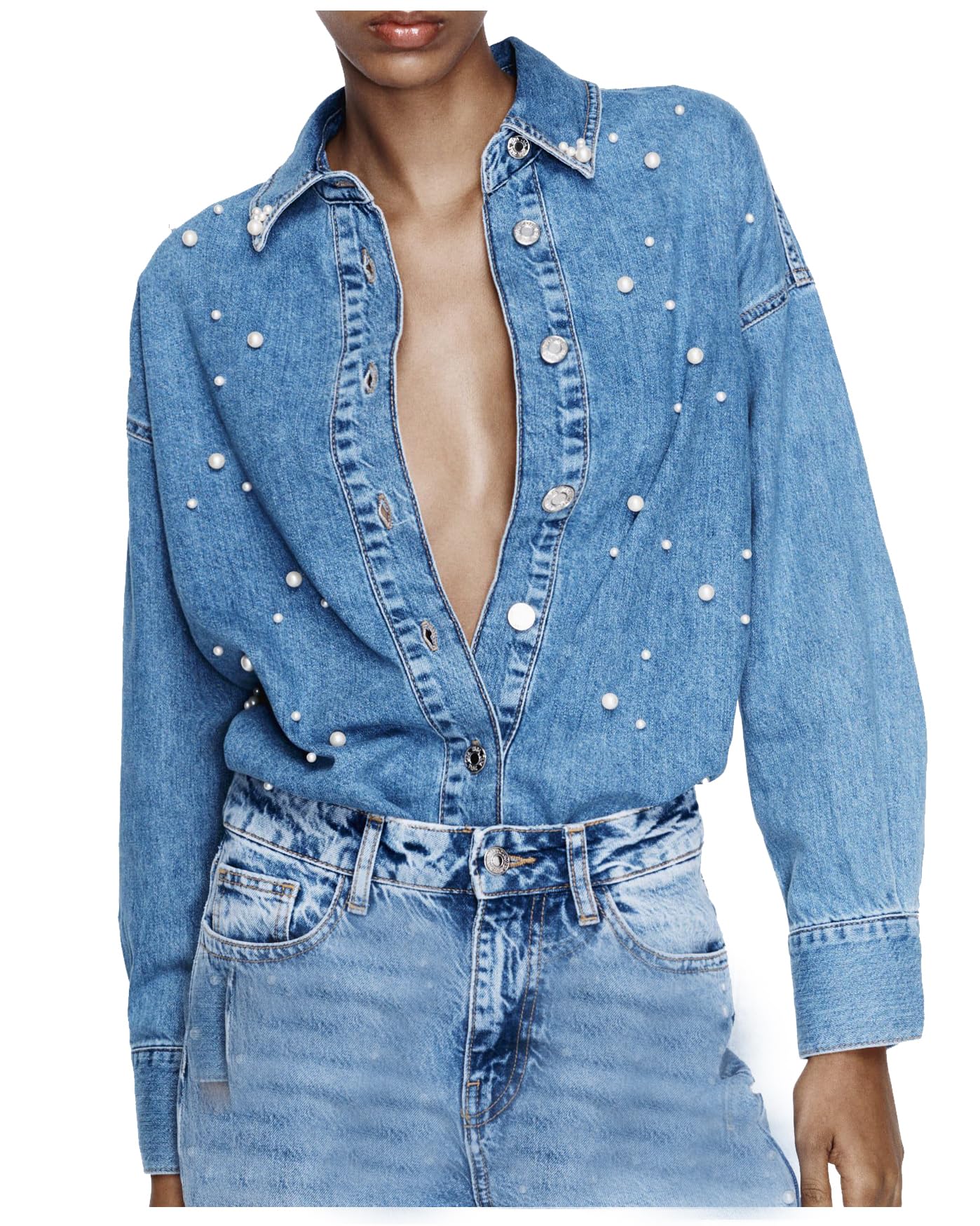 Women's Oversized Denim Shirt Button Down Pearls Jean Jacket Long Sleeve Rhinestone Shacket Casual Trendy Blouse Tops