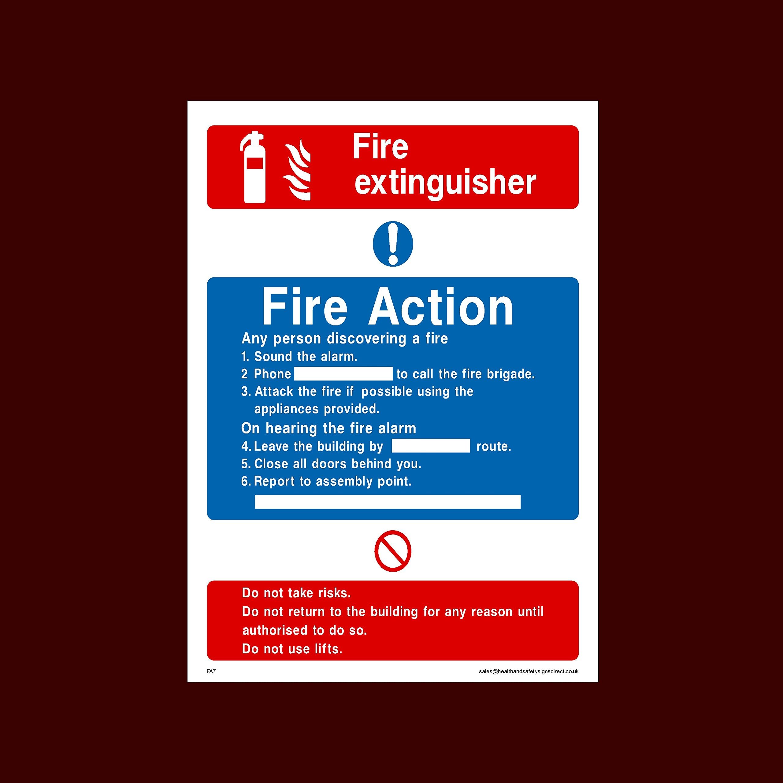 Fire Action Fire Extinguisher Plastic Sign with 4 Pre-Drilled Holes (FA7) - Fire, Assembly Point, Break Glass, Lift, Alarm, Extinguisher