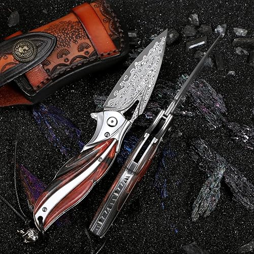 Miniatura 4 de Handmade Japanese VG10 Damascus steel Folding Pocket Knife，With leather case，Liner Lock，3.1in high hardness blade，Wooden Handle，men's folding knife