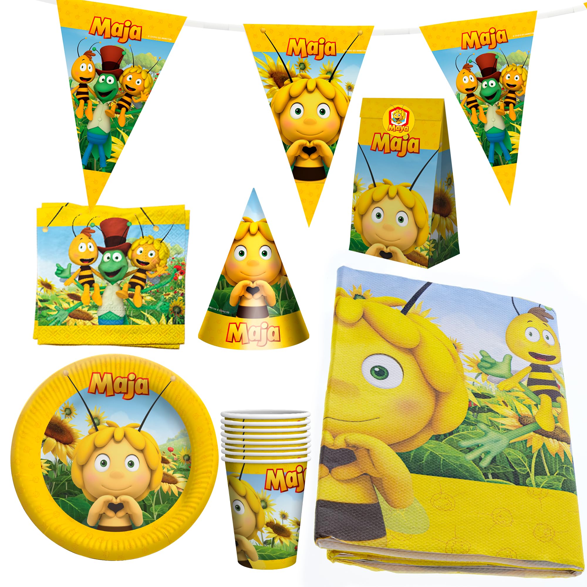 Party Factory Maja Bee Set of 8 cups, 8 plates, 20 napkins, 1 tablecloth,  1 headband, 10 party hats and 10 party bags : Amazon.com.be: Arts & Crafts