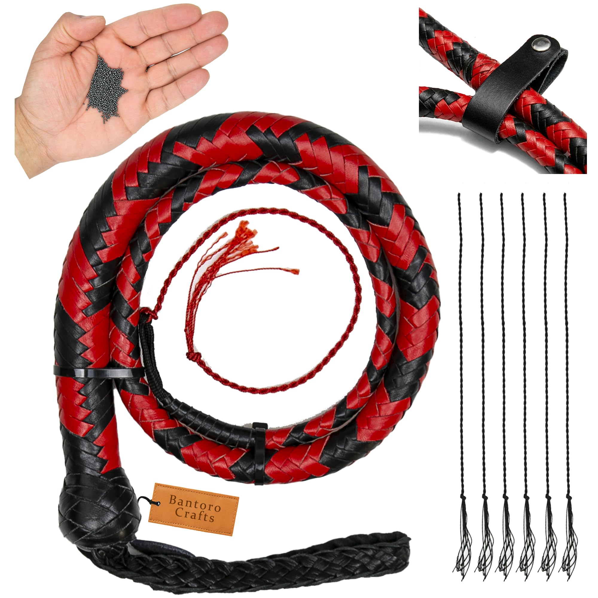 Rosso e Nero 3 Piedi/0,90 Metri La Frusta a Serpente ha Palline di Piombo. Frusta di Cuoio con Forte crepitio 12 trecce Intrecciate