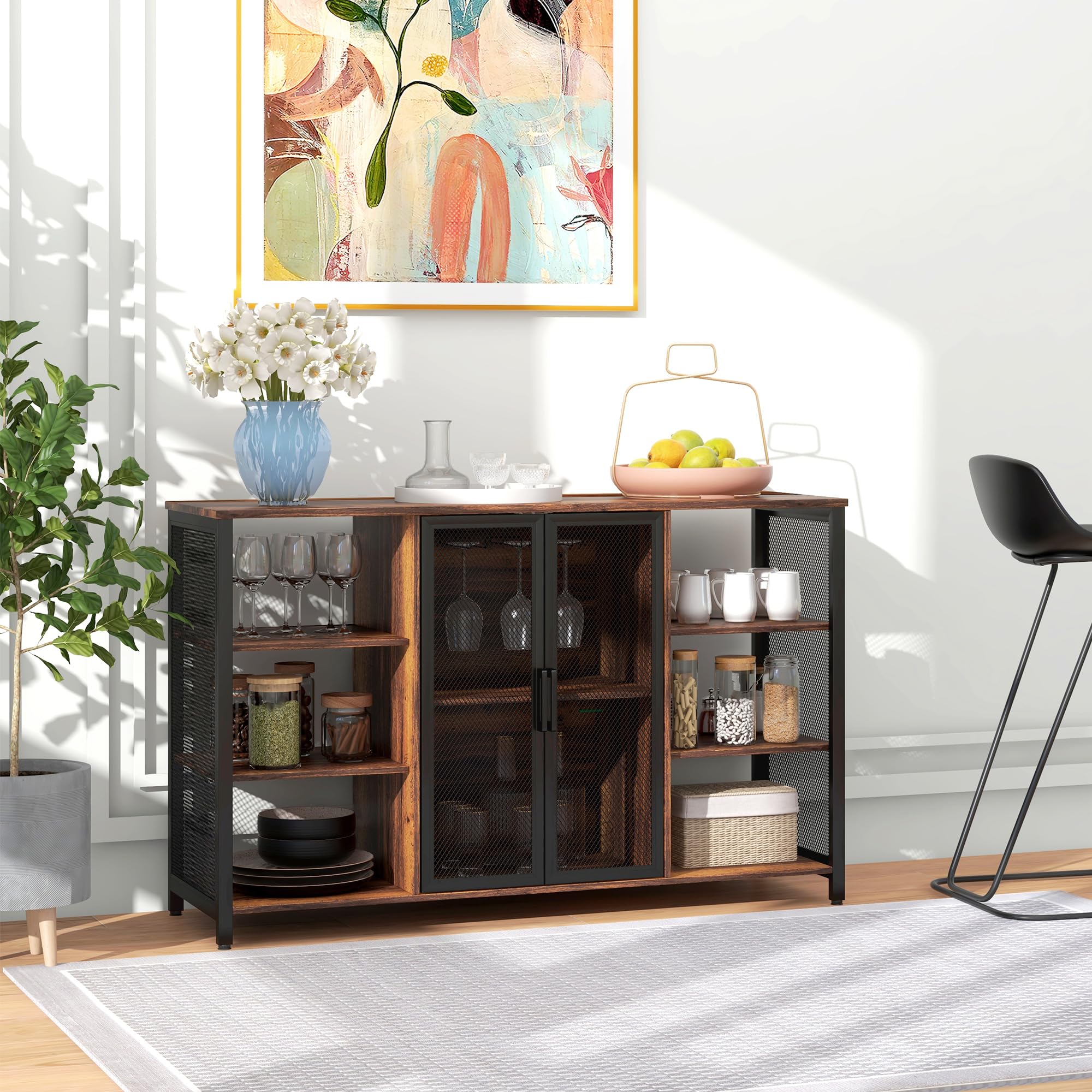 HOMCOM Aparador de Cocina Industrial con 6 Estantes Marrón Rústico | Mueble Buffet Auxiliar, Estante Ajustable, Porta Copas, para Bar, Comedor 120x40x76 cm,