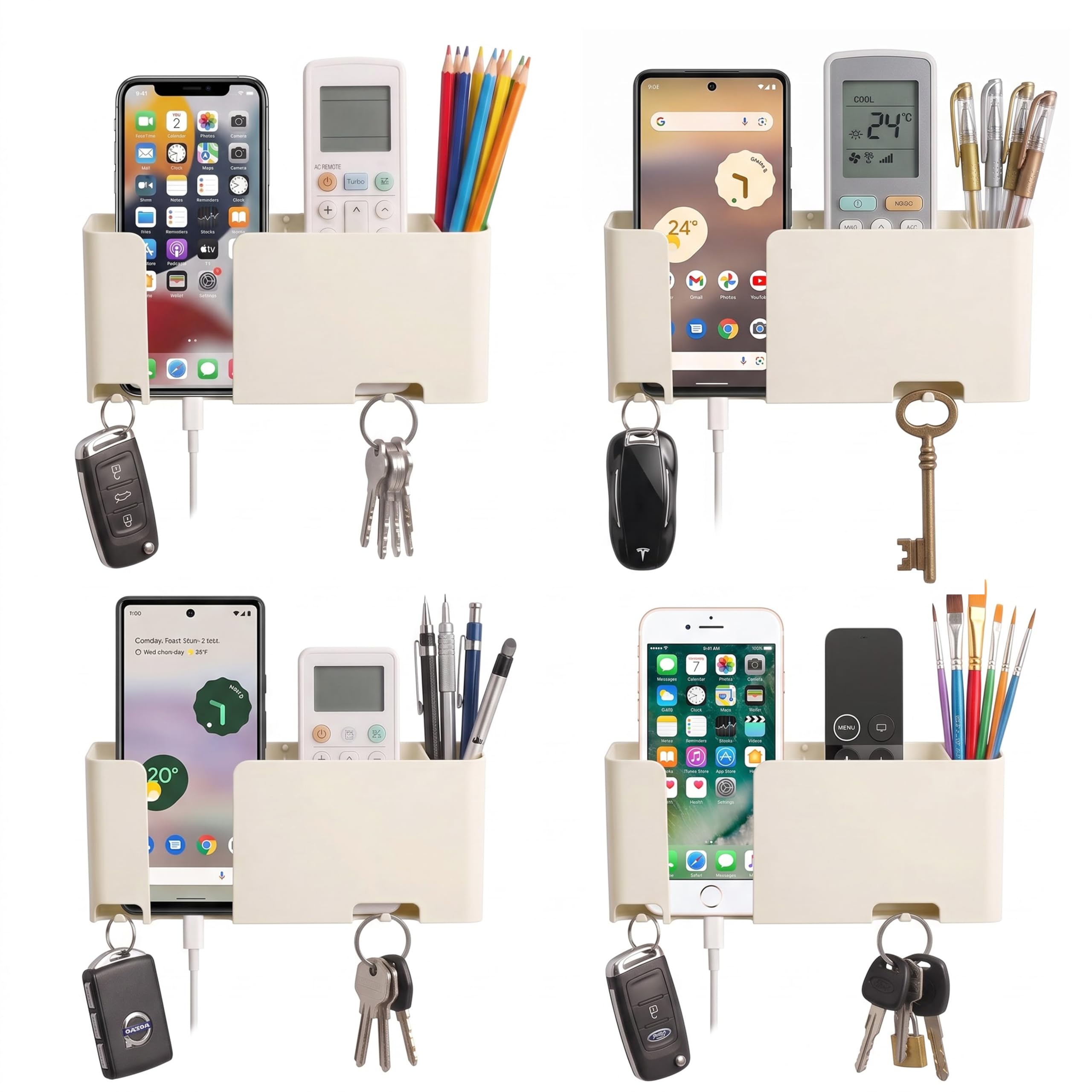 Mobile & Remote Wall Holder | ABS Wall Mount Stand with 3 Compartments for Phone, Remotes & Pens | 2 Key Hooks | No-Drill Mount with Strong Double-Sided Sticker (Milky White) (Pack of 4)-image-26