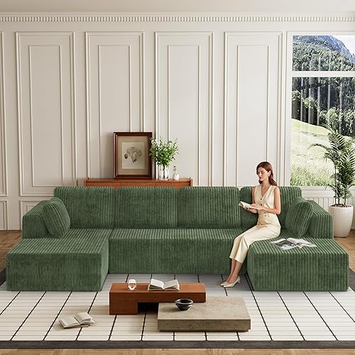 Oversized Cloud Boneless Couch with Chaise, Modern Modular Sofa with Deep Seat, Corduroy Upholstered U Shaped Couch for Living Room, No Assembly Required-Green