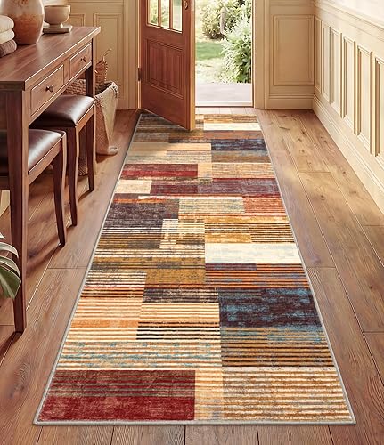 Miniatura 9 de YIHOUSE Alfombra naranja quemada lavable de 8 x 10 pies, Alfombras para Salas, alfombras retro estilo granja marrones, alfombra ondulada abstracta