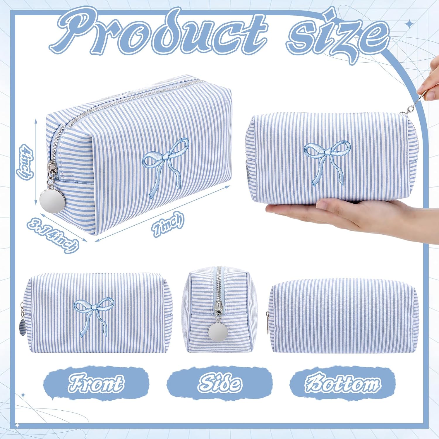 6 Pcs Blue Bow Cosmetic Bags Bulk Blue Seersucker Makeup Bags Stripe Women Pouch Large Preppy Storage Pouch Toiletry Travel Organizer for Bachelorette Bridesmaid Party Favor