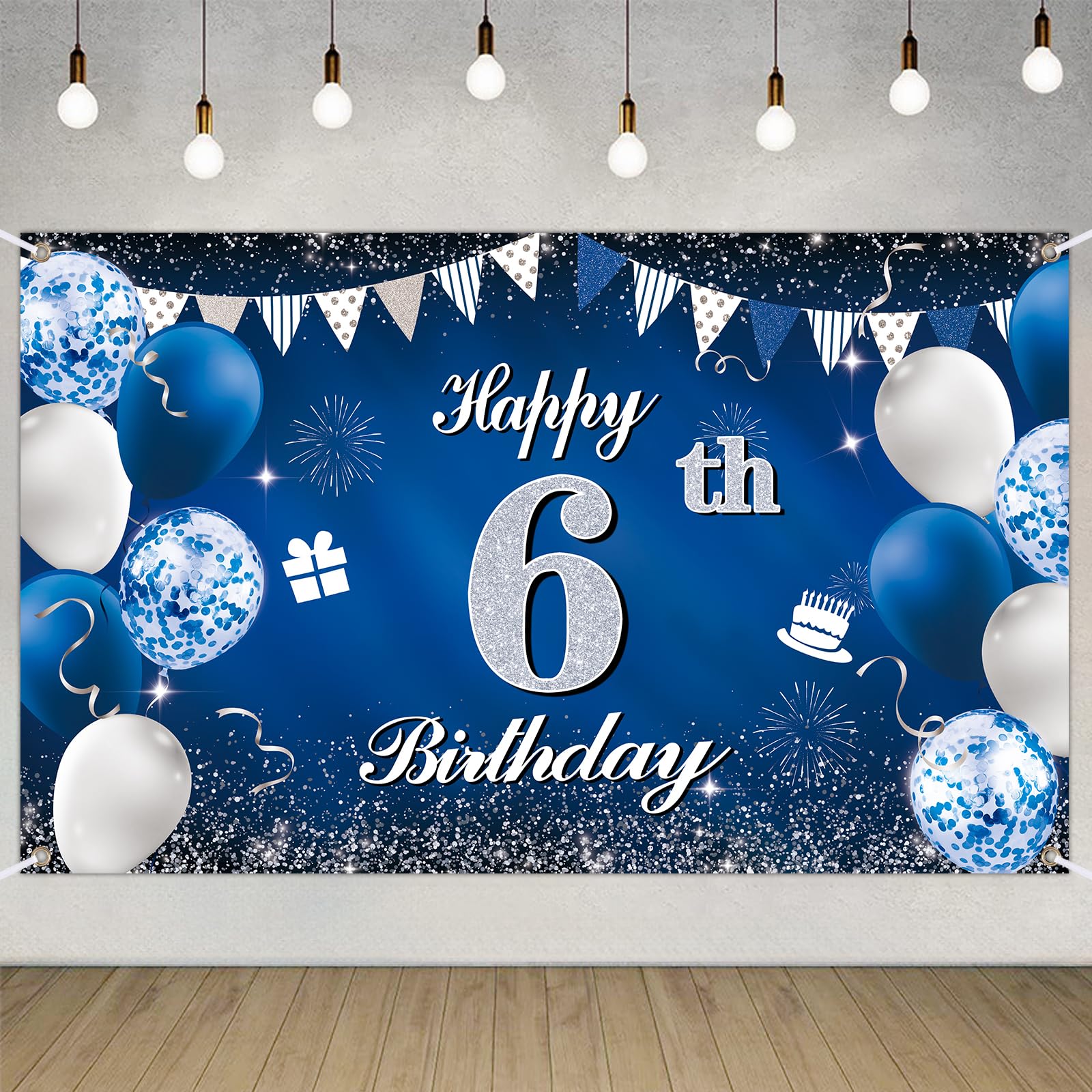 Happy 6th Birthday Decorations Blue Birthday Banner for Party Backdrop for Men Women Party Decoration Supplies