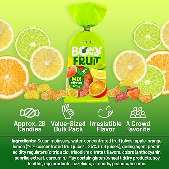 Roshen Bonny Fruit Jelly Candy, Citrus Mix, 7.05 oz (200g) Soft Chewy Fruit Jelly Candies with Natural Pectin, Sugar Coated Citrus-Flavored Candy, Kosher & Halal Sweet Treat [Pack of 3]