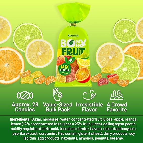 Roshen Bonny Fruit Jelly Candy, Citrus Mix, 7.05 oz (200g) Soft Chewy Fruit Jelly Candies with Natural Pectin, Sugar Coated Citrus-Flavored Candy, Kosher & Halal Sweet Treat [Pack of 3]