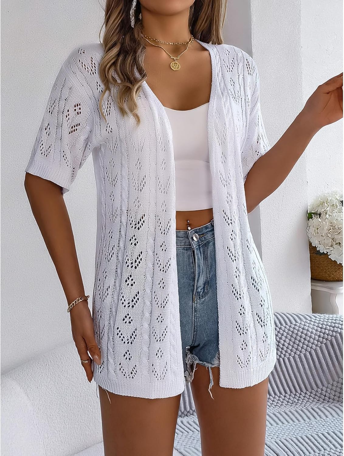 Perbai Womens Lightweight Summer Crochet Cardigan Open Front Short Sleeve Boho Long Knit Kimono Jacket - Image 5