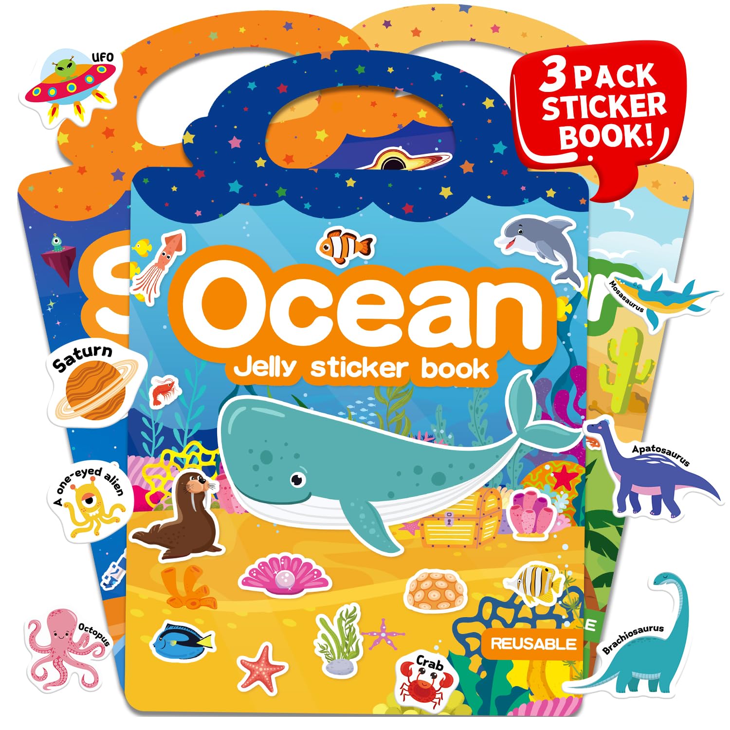 3 Sets Reusable Sticker Book for Toddlers 3-6, Jelly Sticker Books for Toddler, Travel Sticker Activity Toys for Kids 3 4 5 6 Years Old Girls &amp; Boys（Ocean + Space + Dinosaur）