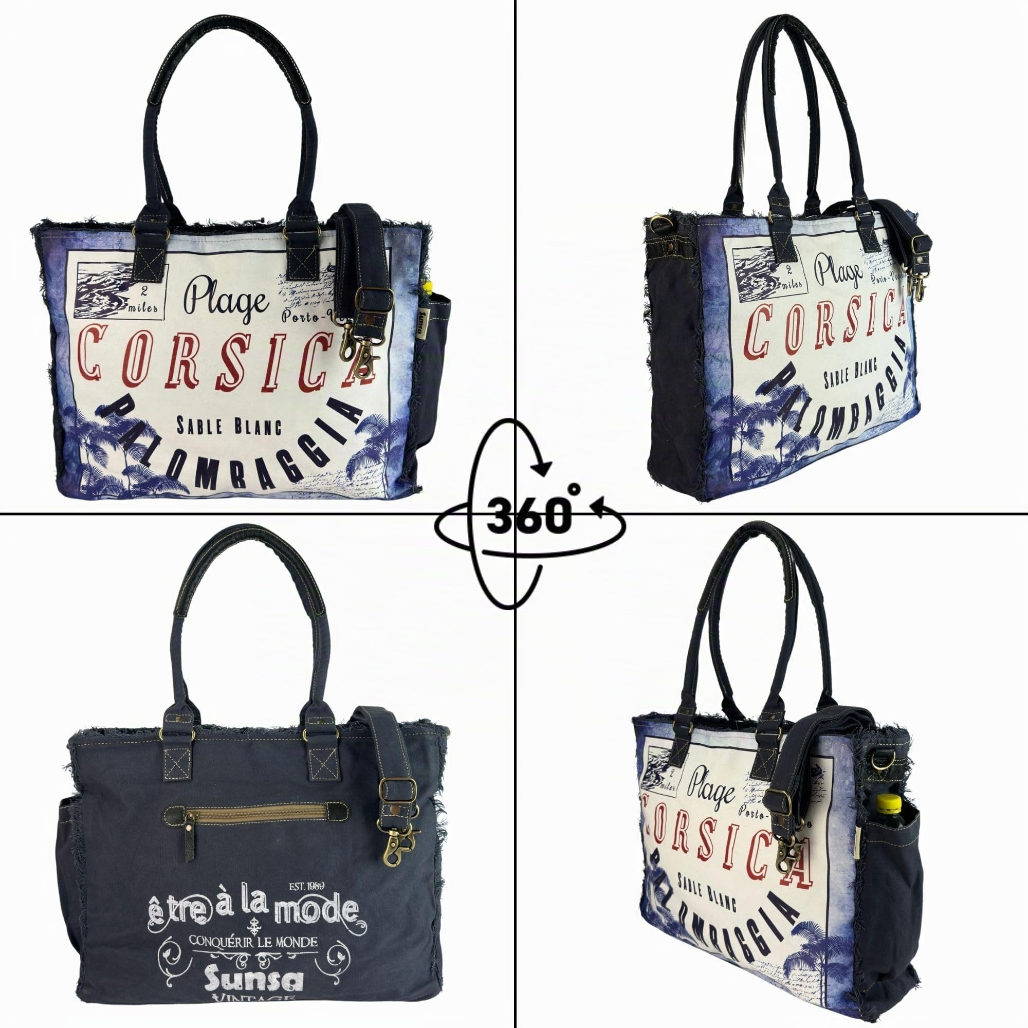 Sunsa XXL Handtasche. Vintage Schultertasche. Weekender Canvas & Leder blau
