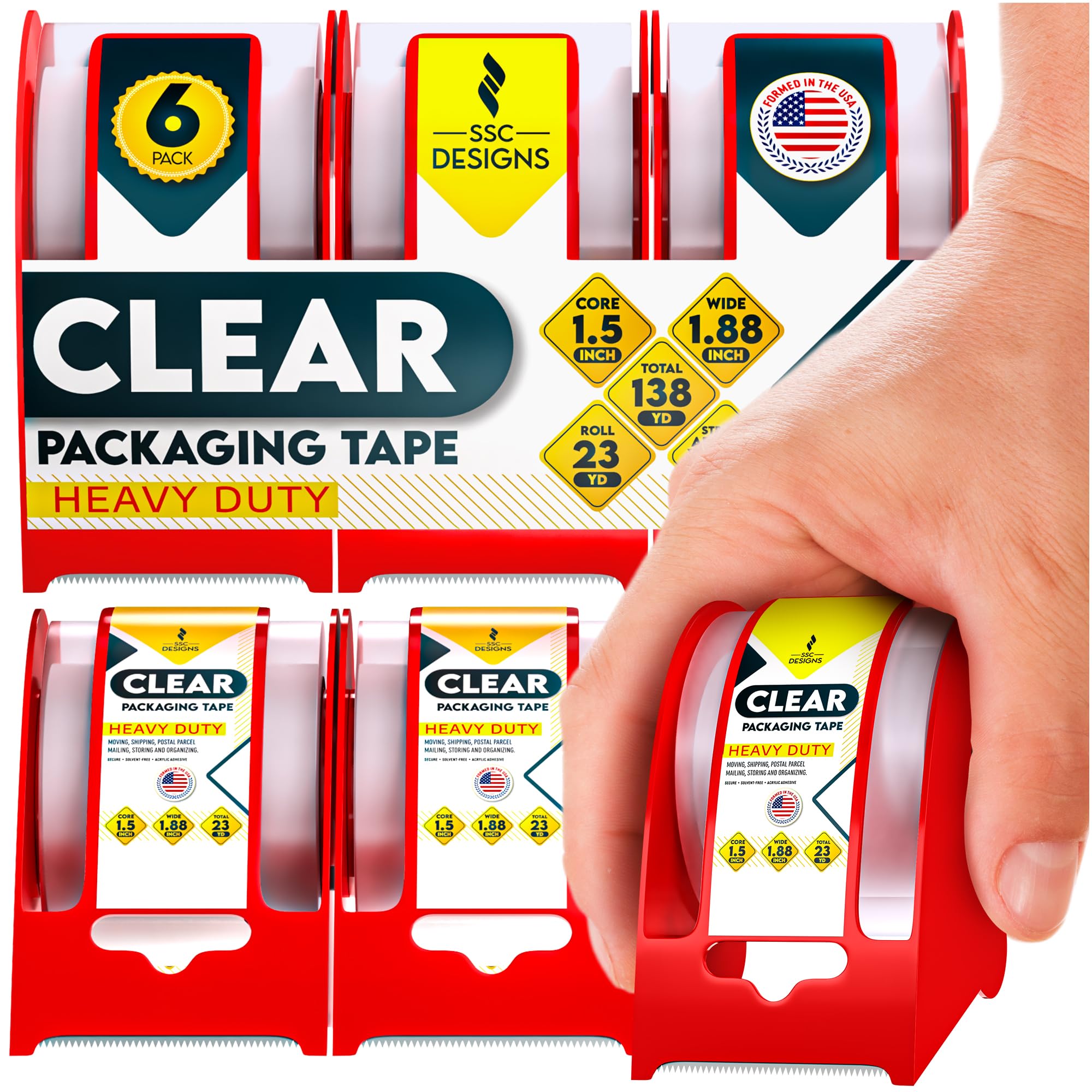 Packing Tape with Dispenser Heavy Duty Shipping Refill Clear Packaging Gun Strong Mailing Moving Supplies Box Sticky Thick Sealing Office Small