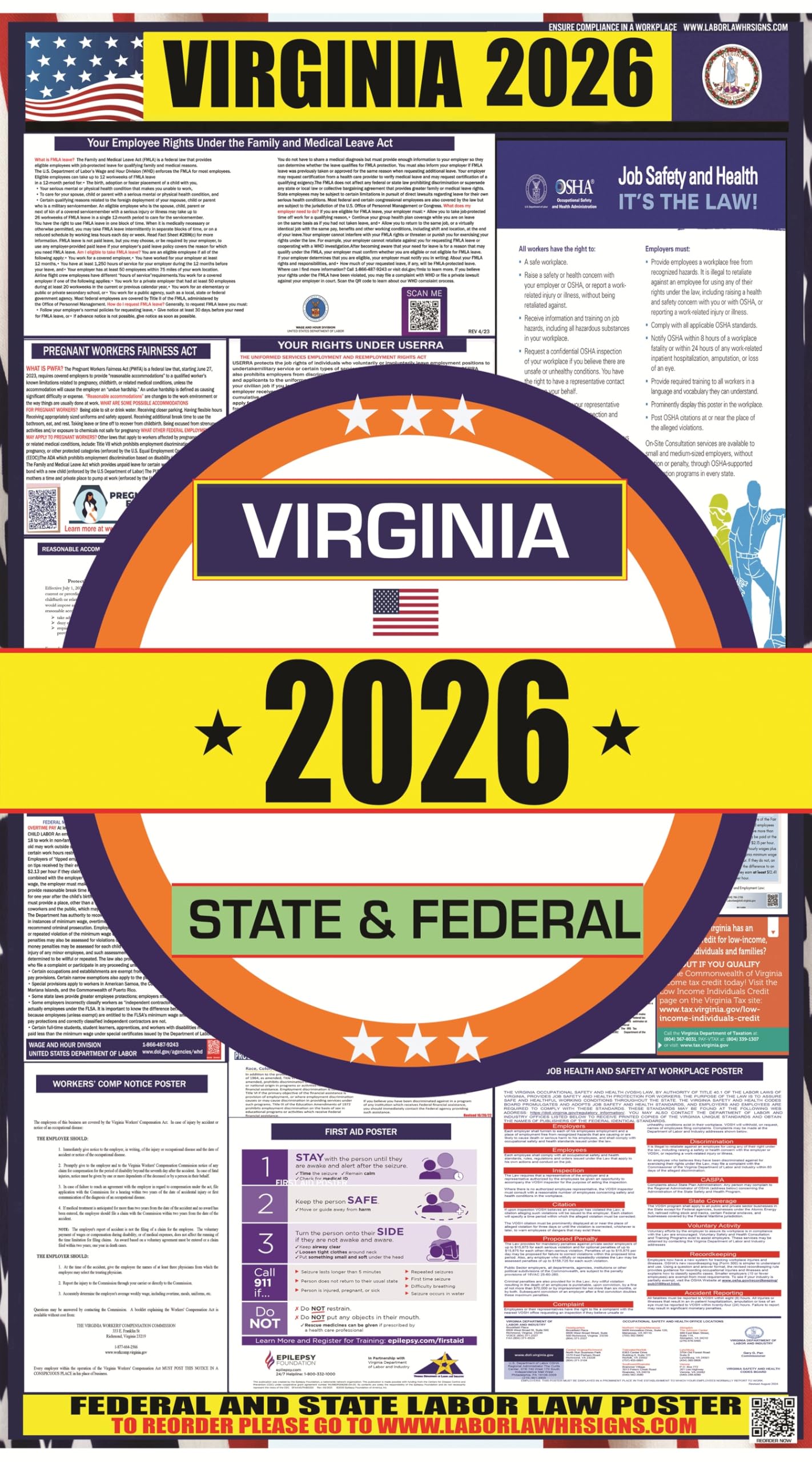 2026 Virginia (VA) State Labor Law Poster - State, Federal and OSHA Compliant Laminated Poster - Ideal for Posting in The Workplace - Perfect for