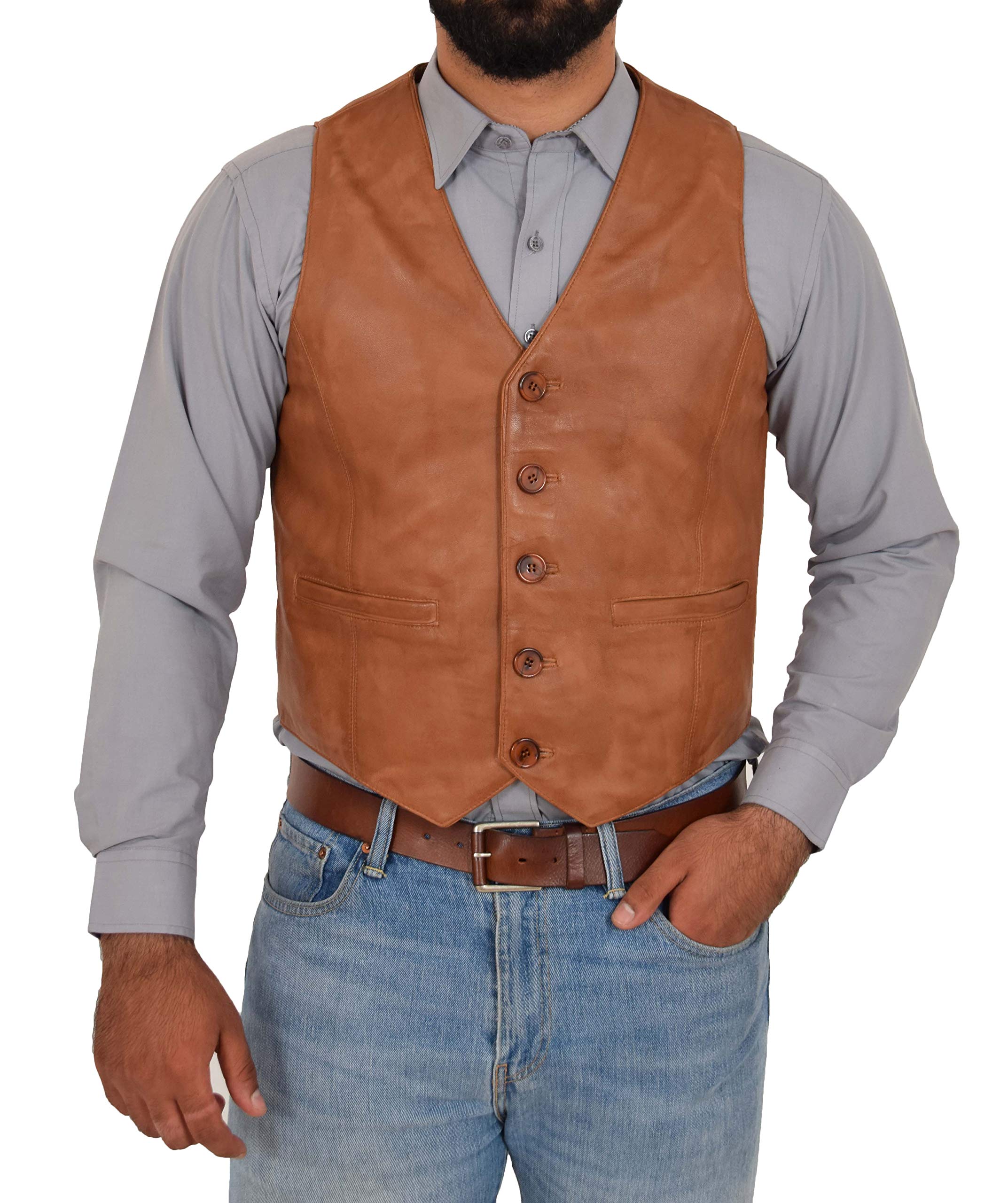 Mens Real Leather Waistcoat Classic Style Vest Nick (3XL, Tan)