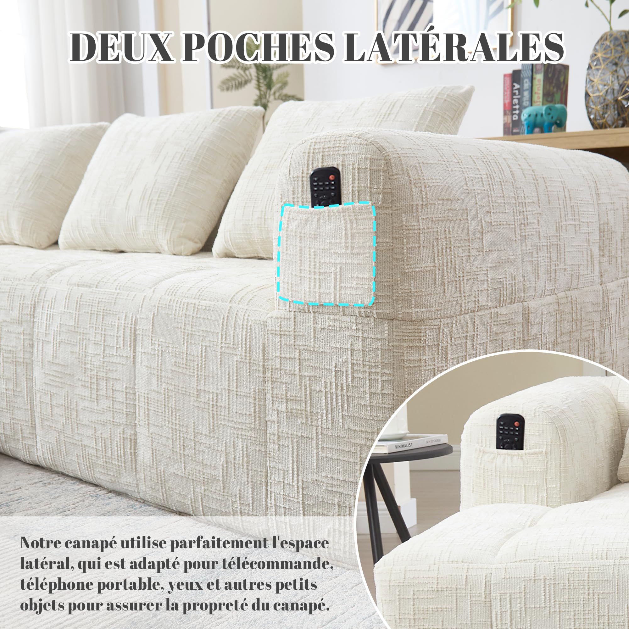 Divano angolare estensibile da 250 cm, divano letto angolare modulare a forma di L, divano compresso, divano a 3 posti con cuscini, tasca laterale, divano a 2 posti + angolo, Beige