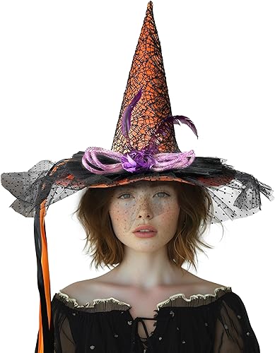 Sombreros de bruja con luz LED naranja para mujer, sombrero de bruja de Halloween ligero con lindo encaje y ala de sombrero grande, diseños únicos