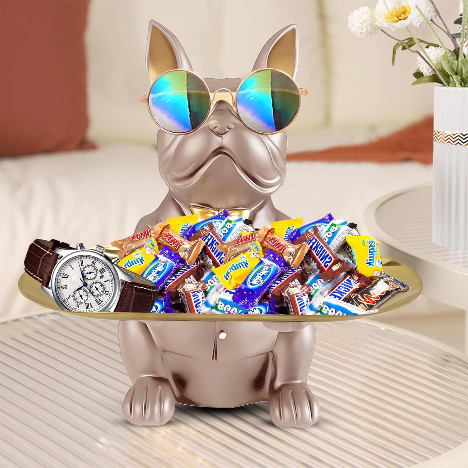 Huhote Sitting Bulldog Statue, Candy Dish Key Holder Bowl, Resin Figurine for Office Desk Home Decor Entryway Table Decor (Purple Grey)