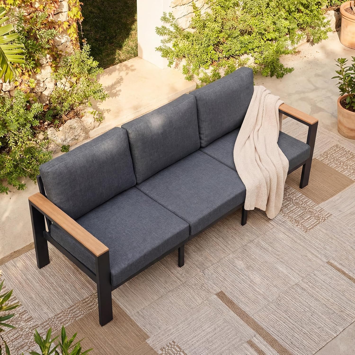 3-Seat Outdoor Sofa, Aluminum Patio Couch with Deep Seating, Waterproof Cushions for Backyard, Patio, Porch, Gray