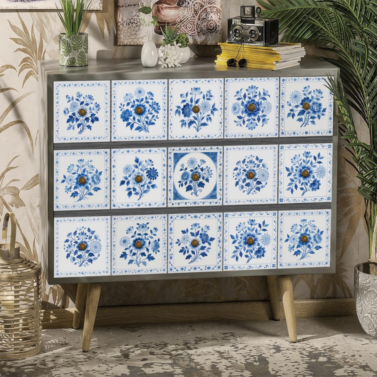 LMYSXAOZ Tile Stickers Elegant Blue Flower Stick on Kitchen Tiles Self Adhesive Wall PVC Peel and Covers Transfers Oil-Proof Splashbacks for Walls Removable 15x15cm/24 Pcs