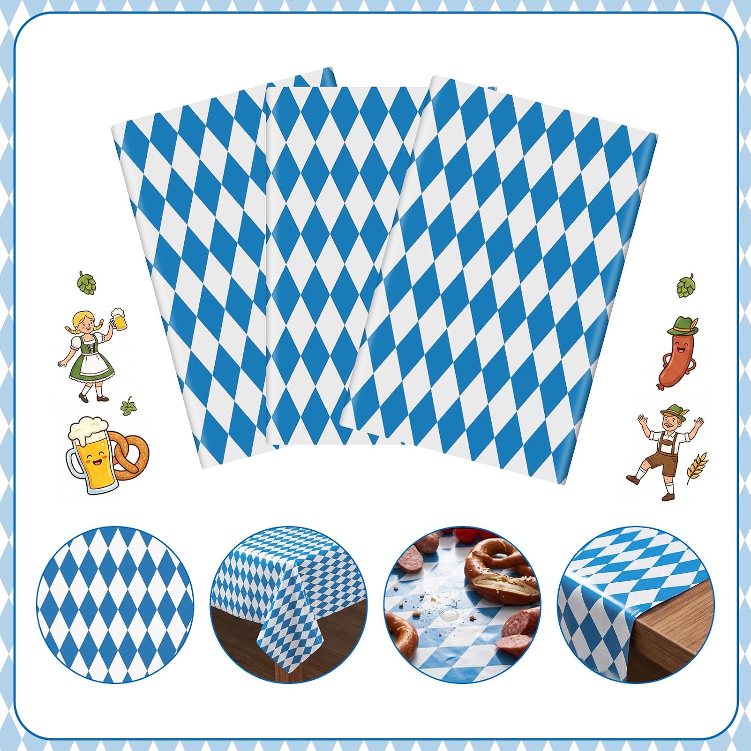 3 Pack Oktoberfest Tablecloth - Blue and White Checkered Tablecloth, German Beer Table Cloth Rectangular, Bavarian Table Cover for Beer Festival Oktoberfest Decorations Party, 54 x 108 inch