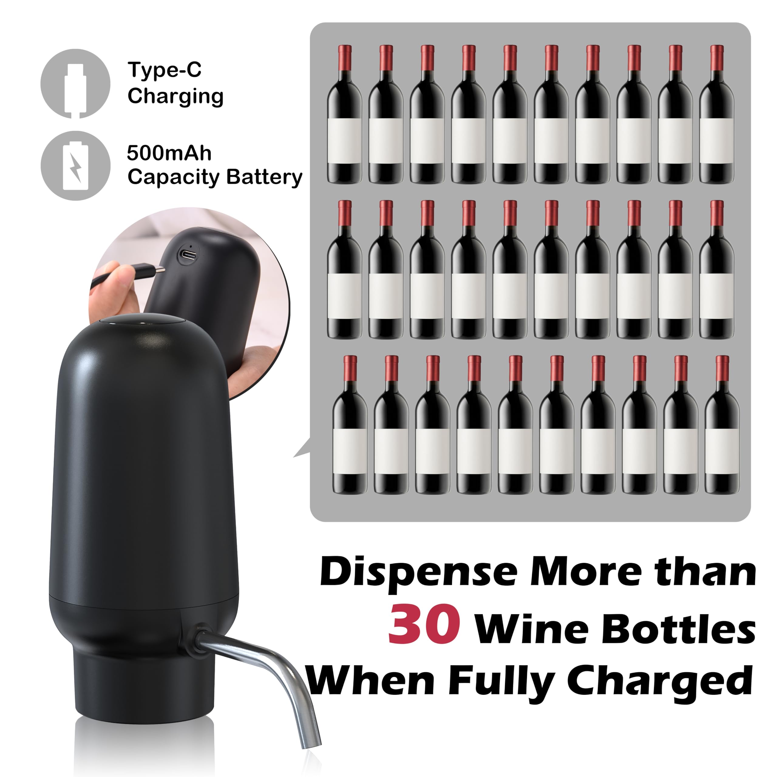 Dispensador de vino aireador de vino eléctrico recargable con puerto USB-C, sirve 30 botellas más por carga, mejora el sabor al instante, 100% seguro para alimentos, regalo de vino 7