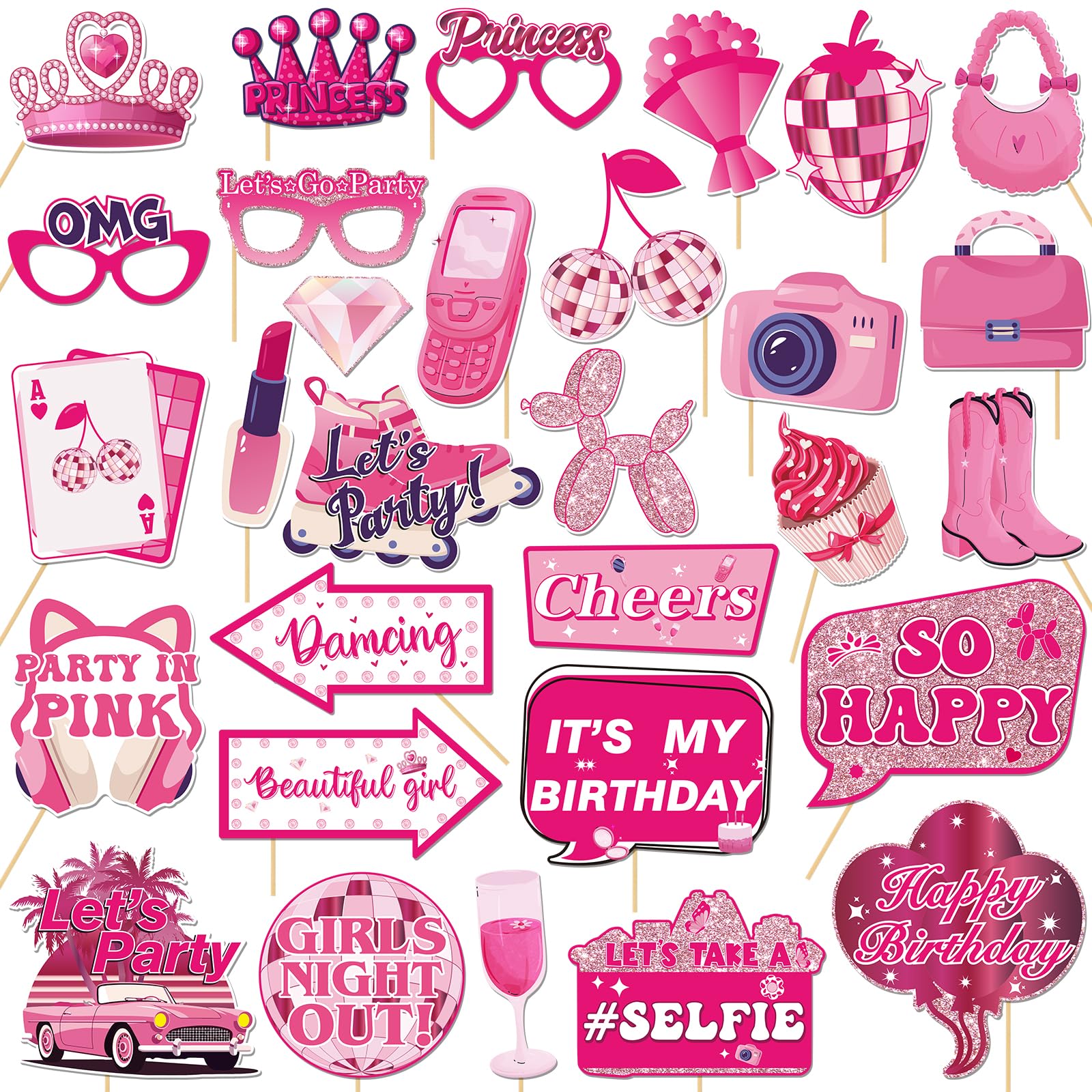 30Pcs Pink Girl Birthday Photo Booth Props with Sticks,Hot Pink Girls Birthday Party Decoration Supplies for Girls Women Disco Night Bachelorette