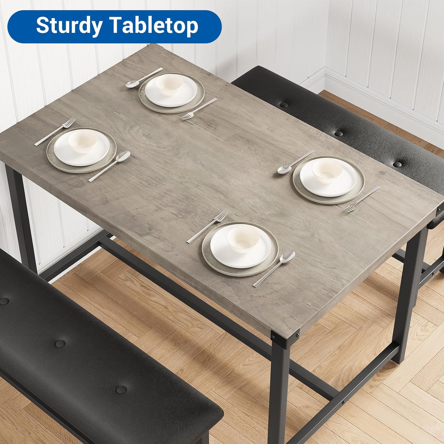 GarveeHome Dining Table Set for 4, Kitchen Table with 2 Upholstered Benches, Wood Kitchen Dining Room Set, for Small Space, Apartment, Home, Dinner, Retro Gray