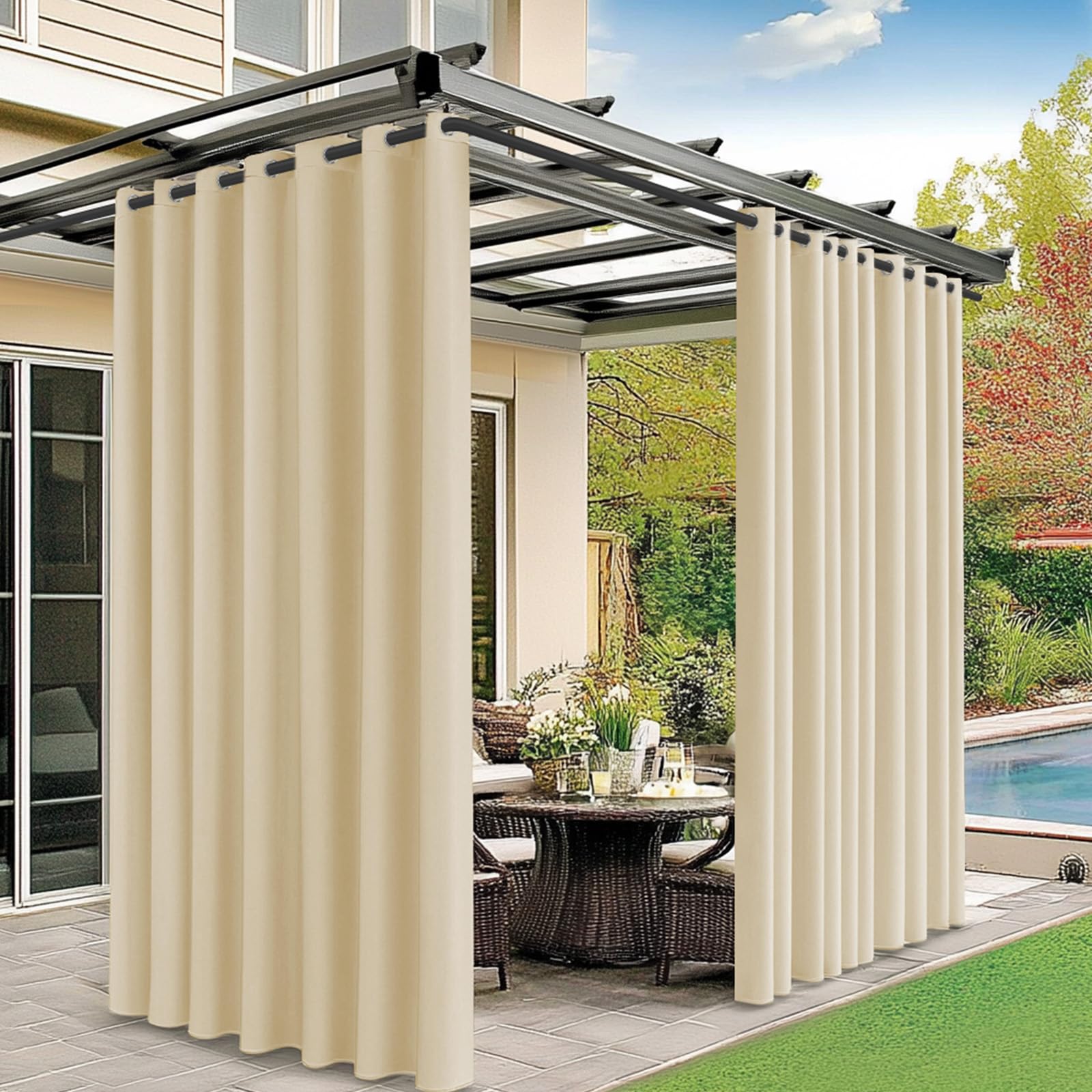 M METERXITY Outdoor Curtains for Patio Waterproof, 110W x 108L Inch Heavy Gazebo Curtains for Outdoor Patio, Porch, Sunlight [Cream, Grommet Top]