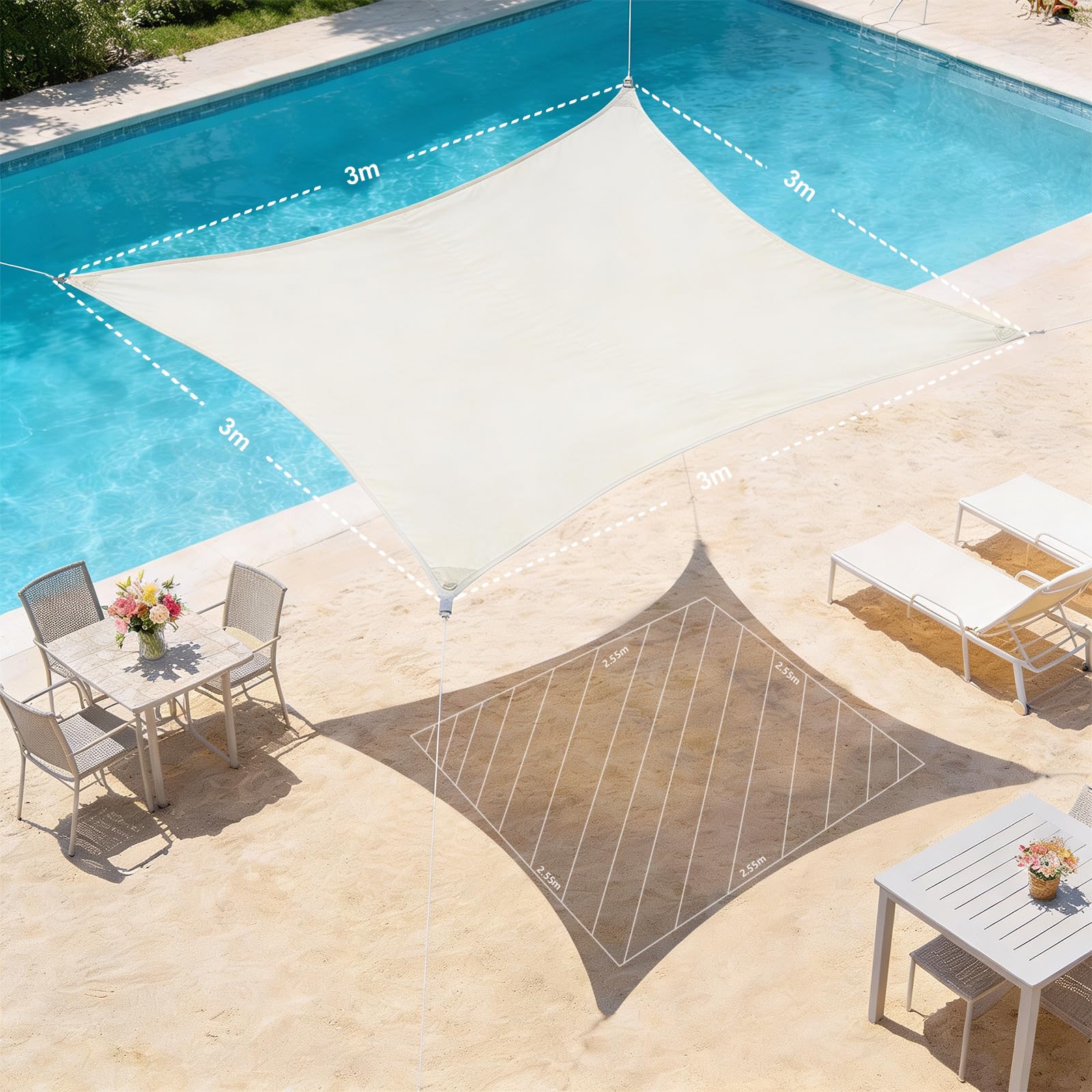 HAIKUS Voile d'ombrage Imperméable Carré 3x3m, Toile Ombrage PES Résistant à l'eau, Filet dombrage 3m Résistant 98% Protection Rayons UV pour Patio Jardin Terrasse Camping Extérieur, Crème 3x3