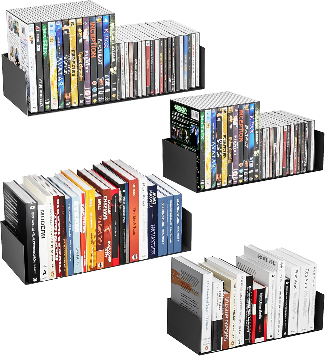 Metal Bali Floating Wall Shelves 15.5&13.8INCH for Storage and Decor Wall Mounted CD DVD&Books Perfume, Make up Storage Shelves Living Room, Bedroom, Bathroom & Kitchen,4P,Black