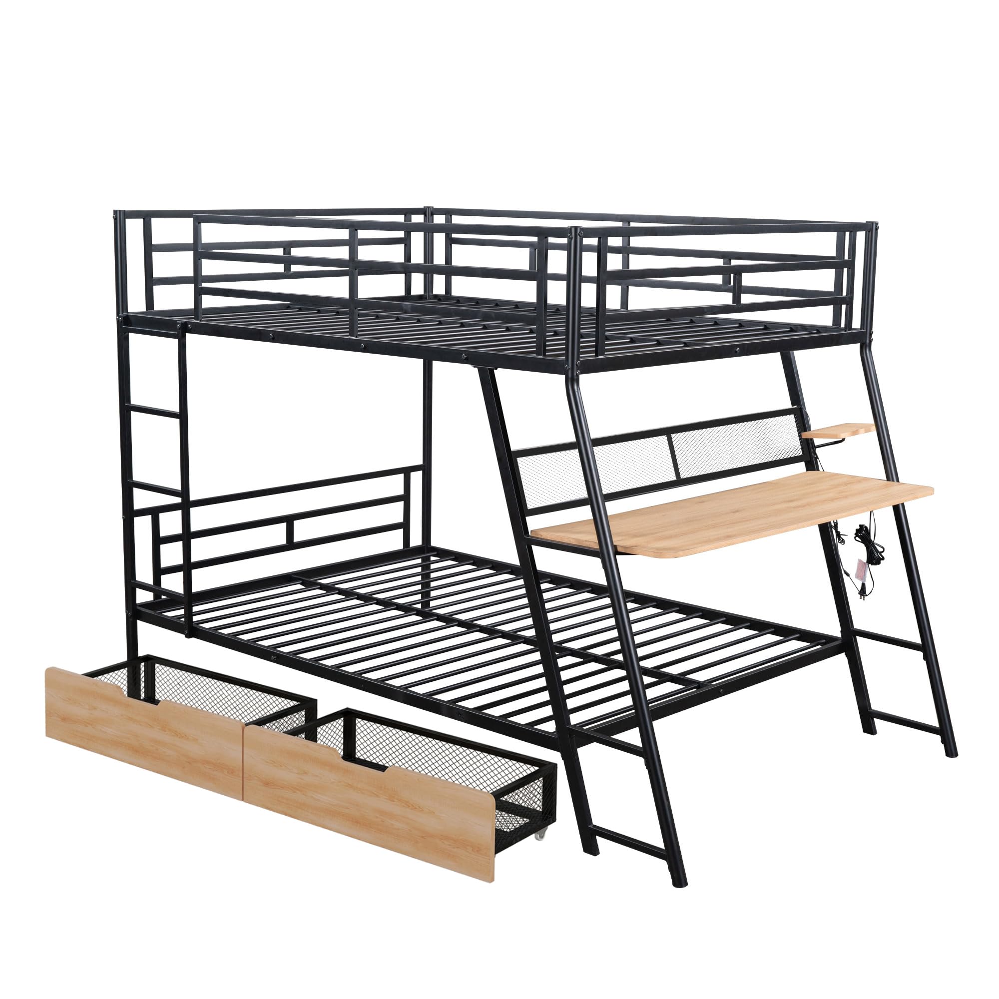 LUKEEHOM Metal Bunk Bed Full Over Full Bunk Beds with Built-in Desk, Ligth and 2 Storage Drawers, No Box Spring Needed, Black