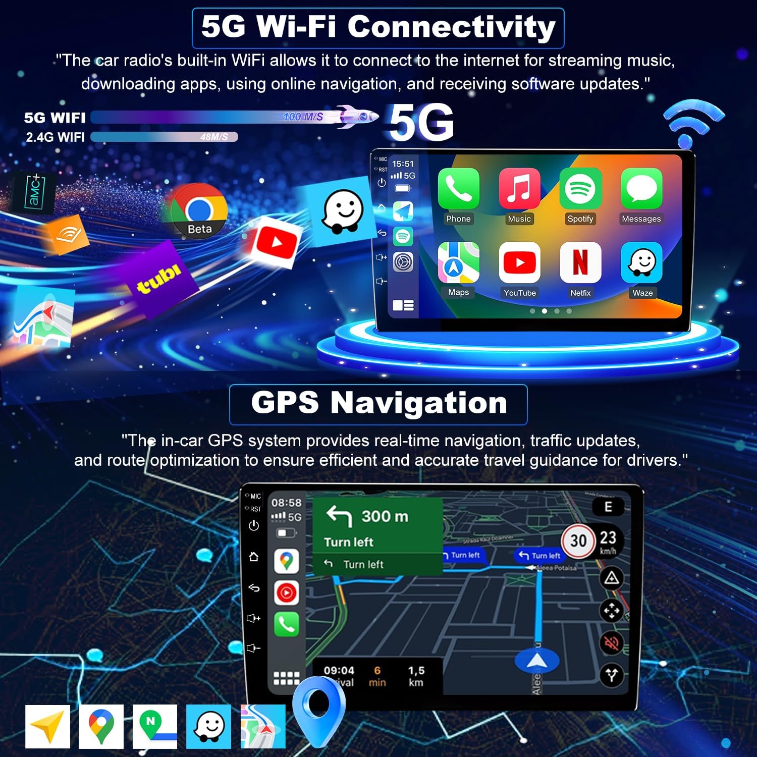 5GWifi Upgrade Car Radio for Dodge Ram 1500/2500/3500 2006-2008, Dodge Durango 2004-2009, Jeep Grand Cherokee 2005-2007, Compass 9inch Touchscreen Stereo Wireless CarPlay Android Auto GPS FM Camera