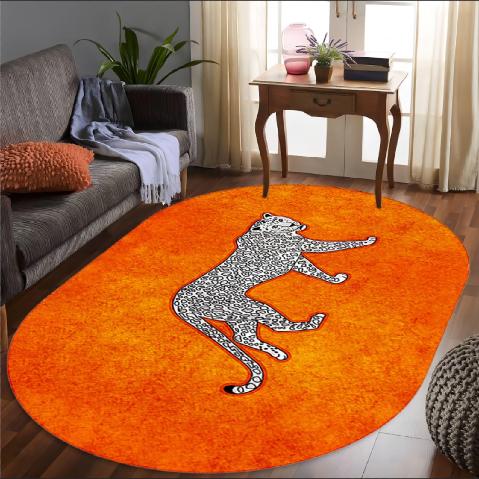 WAOTMN Oval Orange Rug for Bedroom Living Room,160x230cm, Leopard Print Rug,Non-Slip Soft Washable Carpet,Non-Shedding Animal Print Bedside Indoor Area Rugs for Home Decor Aesthetic