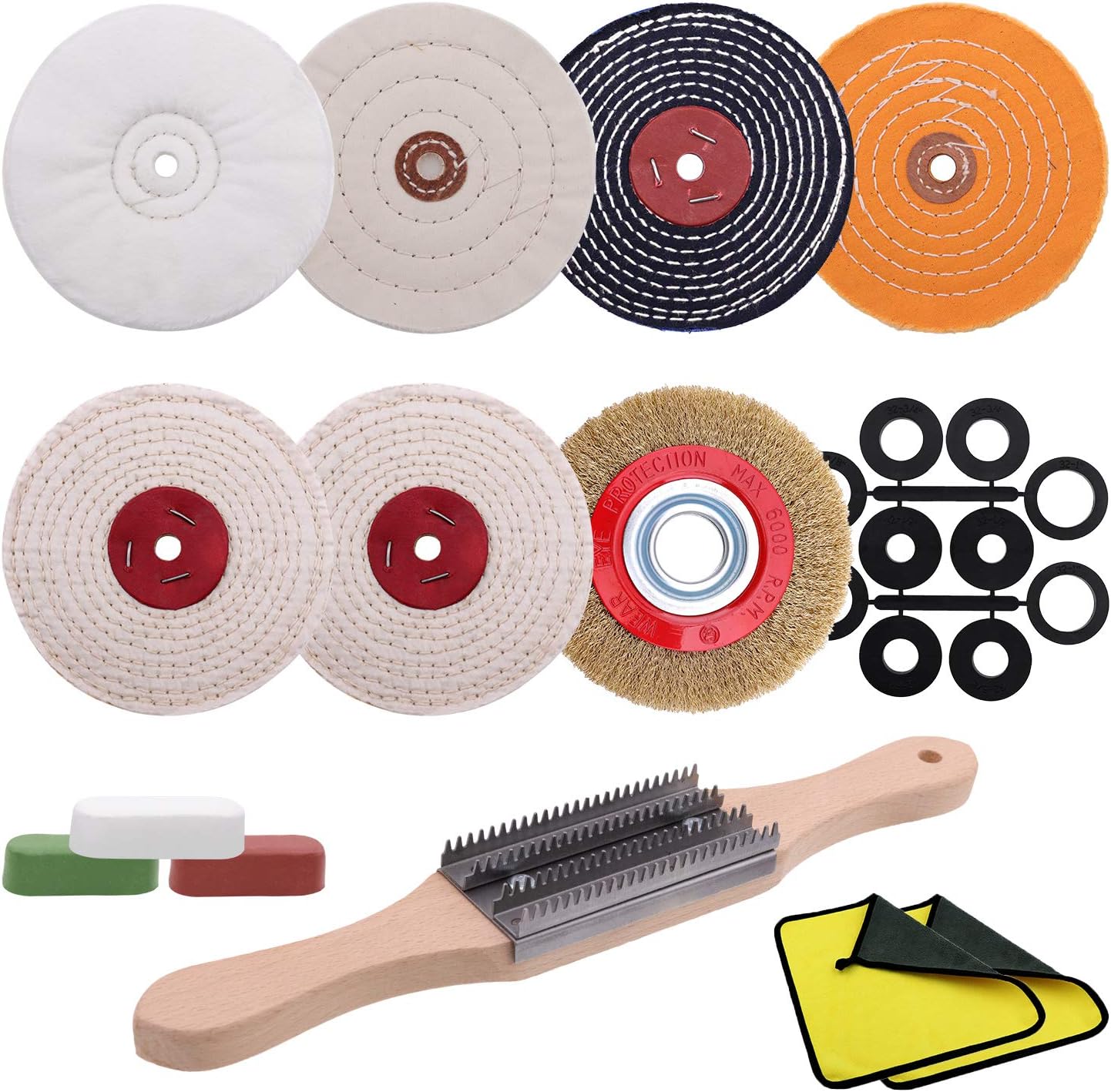 KingTool 13pcs Buffing Wheels Set - 6pcs 6" Buffing Polishing Wheel with 1/2" Arbor Hole, Crimped Wire Wheel with 1/2"-5/8" Inserts, 3pcs Polishing Compound, 15" Buffing rake, 2pcs Microfiber Towel