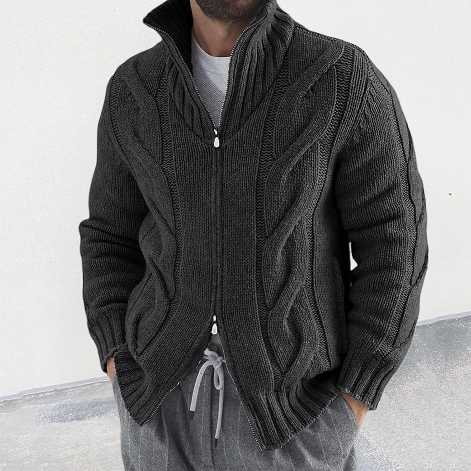 Men's Double-Zip Stand Collar Cardigan Sweaters Vintage Slim Fit Cable Knitted Sweater Cardigans Thick Warm Sweaters