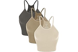 ODODOS Women's 3-Pack Seamless Rib-Knit Camisole Crop Tank Tops for Beach Vacation