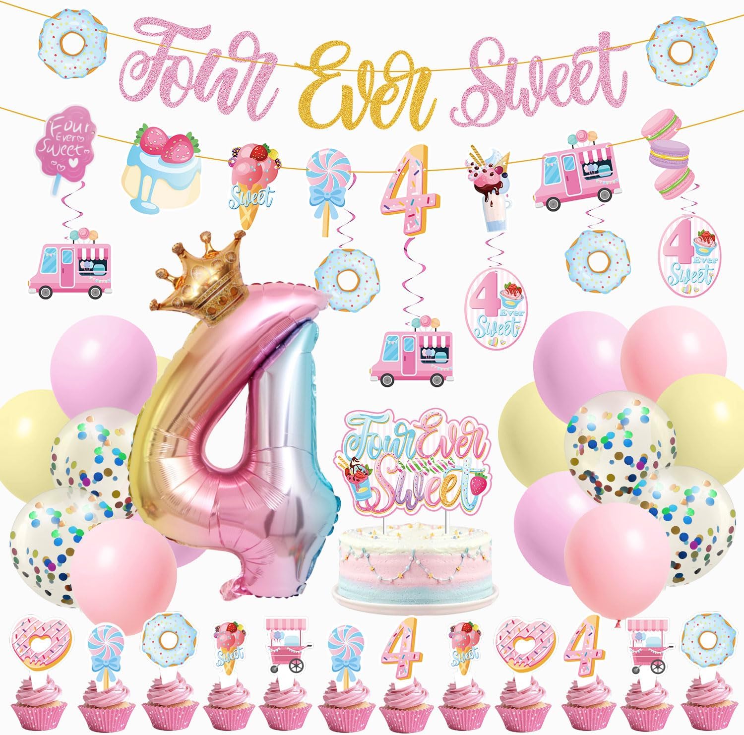 JUYRLE Four Ever Sweet Ice Cream Birthday Party Decorations with Donut Banner, Ice Cream Cake Toppers, Foil Balloon Arch for 4 Year Old Macaron Party Supplies