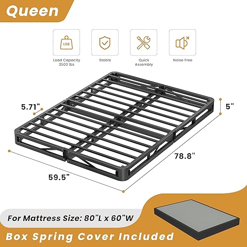 Miniatura 3 de MAF Base de colchón de metal resistente de 5 pulgadas para cama Queen de perfil bajo, base de cama tamaño Queen de 3500 libras, base de colchón de 5