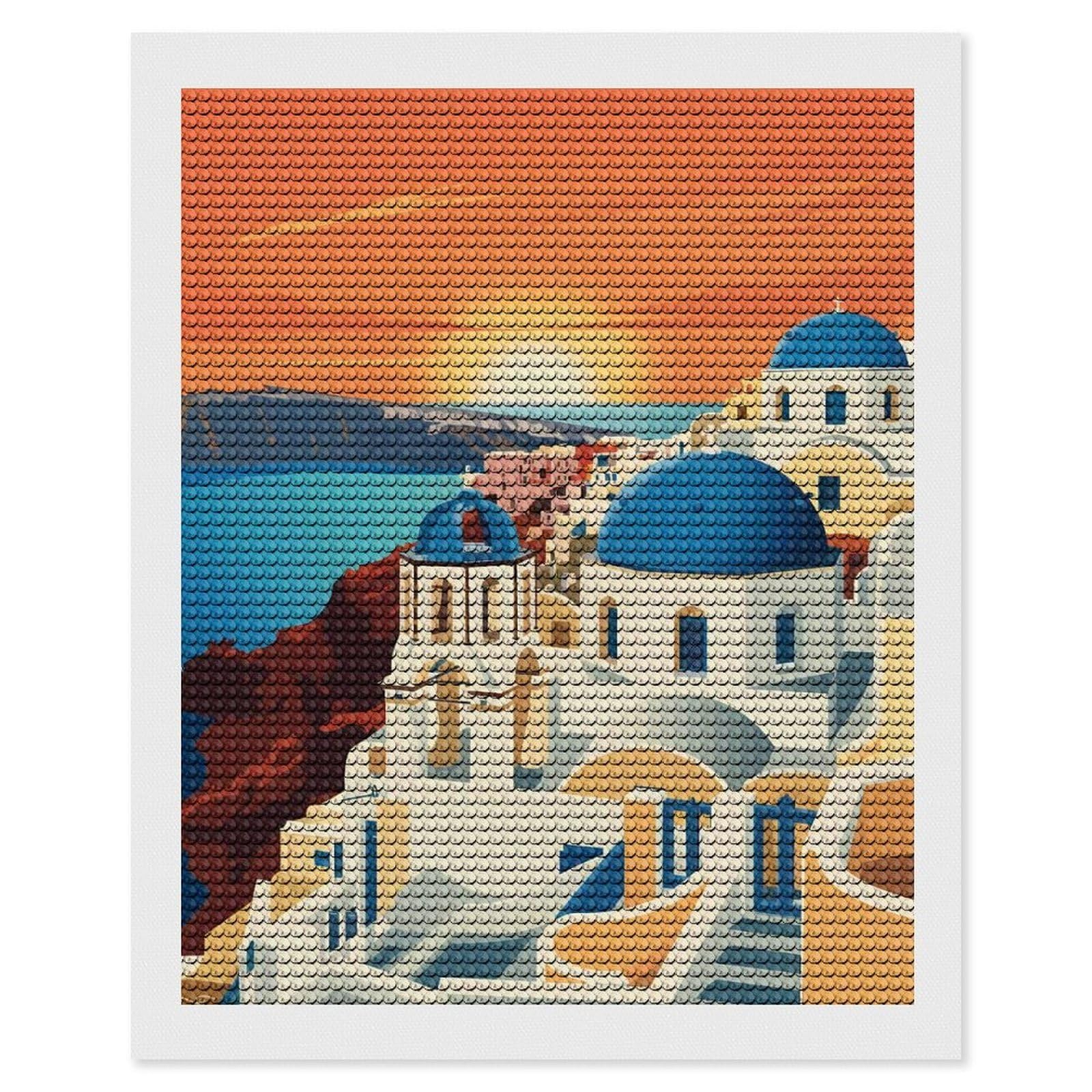 Junmoney Santorini Sunset Illustration Round Drill Diamond Painting 16"x20", Handmade Wall Decor, Modern Decor, Aesthetic Room Decor, Easy Craft Set