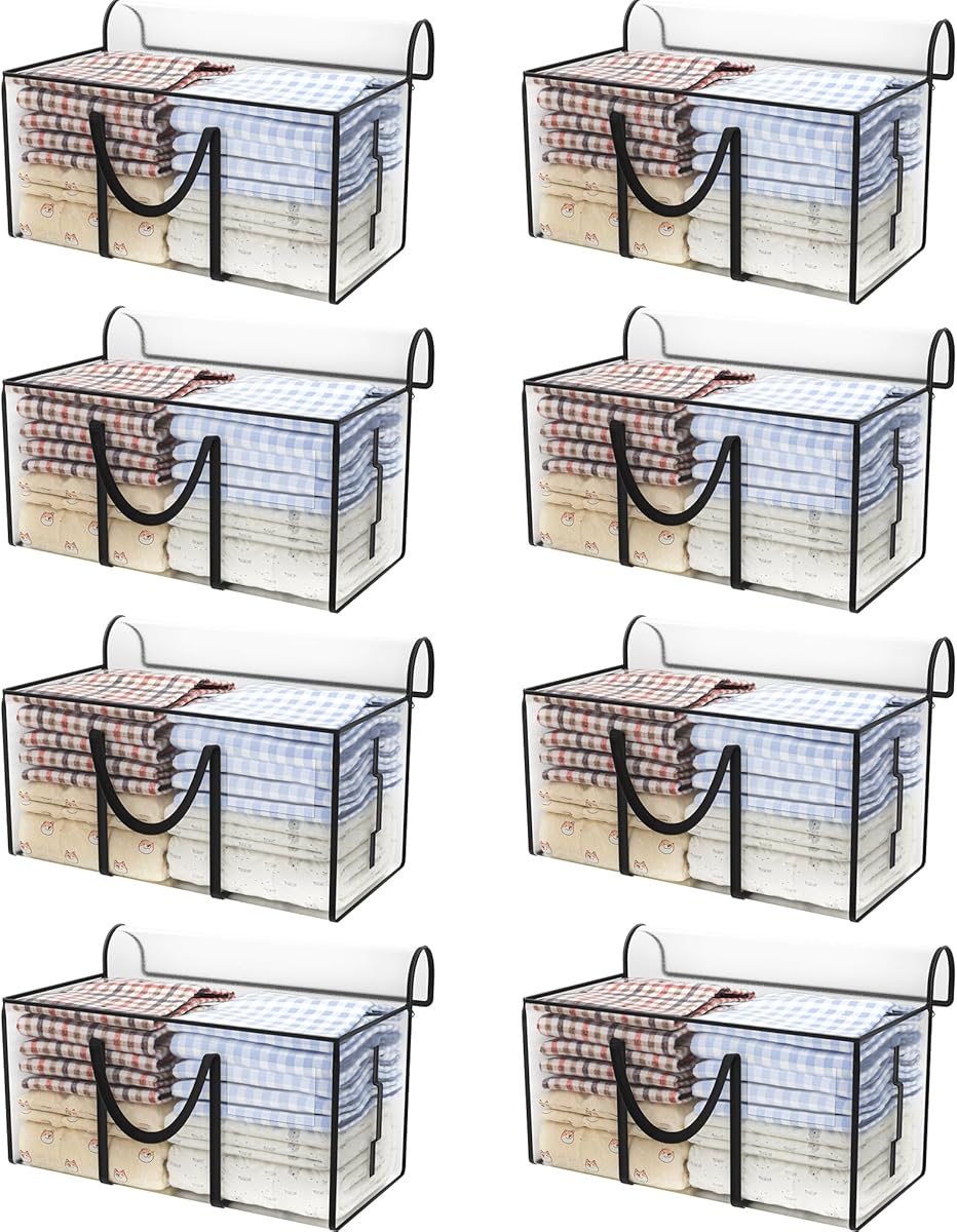 CONGREGATE 8 Pack Extra Large Moving Bags with Zippers and Carrying Handles, Heavy-Duty Storage Tote Moving Boxes for Space Saving, Semi-Transparent 97L/25.6Gal (28.7"x13.7"x15")