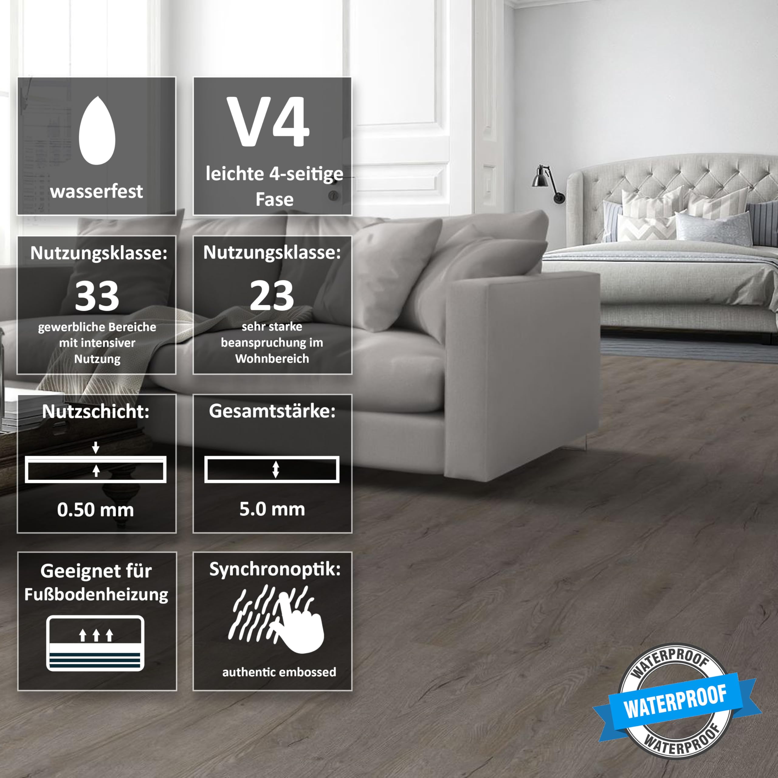 TRECOR Klick - Suelo de vinilo RIGID-SPC de diseño, tablón macizo de 5,0 mm de grosor, con capa de desgaste de 0,50 mm, resistente al agua, (roble Prestige gris, 1 m² | suelo de vinilo)