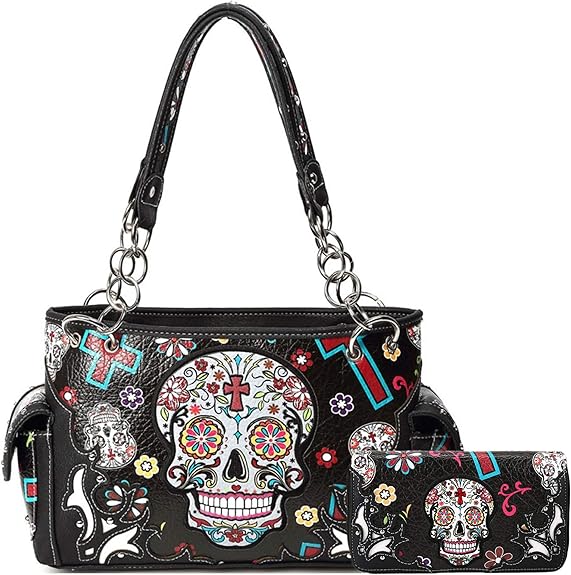 Sugar Skull Rose Flower Day of the Dead Purse Punk Gothic Totes Women Fashion Handbag Skeleton Shoulder Bag Wallet Set