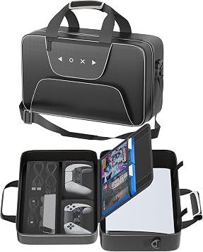Gersker PS 5 Carry Bag Compatible with PS 5/Slim/Pro Digital & Disc, PS-5 Travel Case with Multiple Pockets, Protects Earphones, Controllers and Game Accessories, Black+White, Moyen, Classic