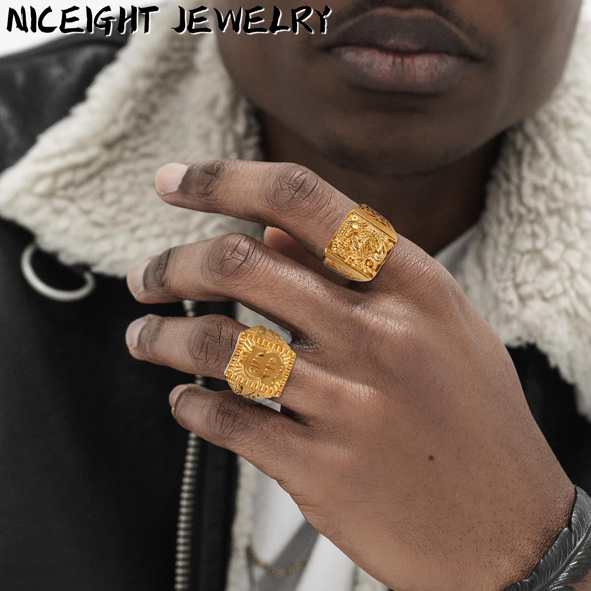 Juego de 5 anillos rellenos de oro de 18 quilates para hombres y mujeres, anillos Kanji, rica suerte, riqueza, dragón dólar, juego de anillos de tamaño ajustable, Cobre, Sin piedras preciosas 6