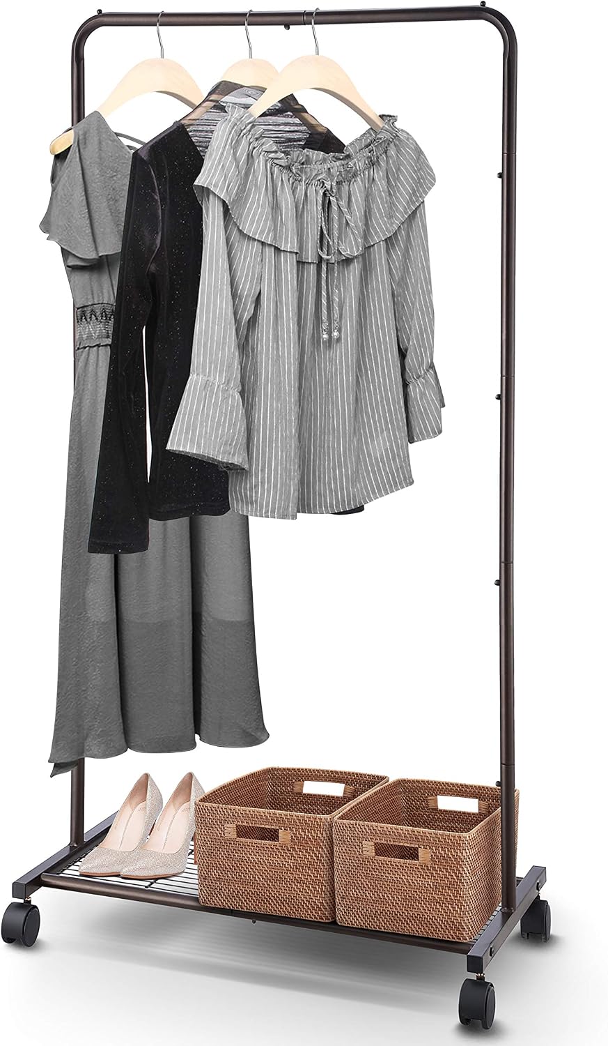 Simple Trending Standard Clothes Garment Rack, Clothing Rolling Rack with Mesh Storage Shelf on Wheels, Bronze