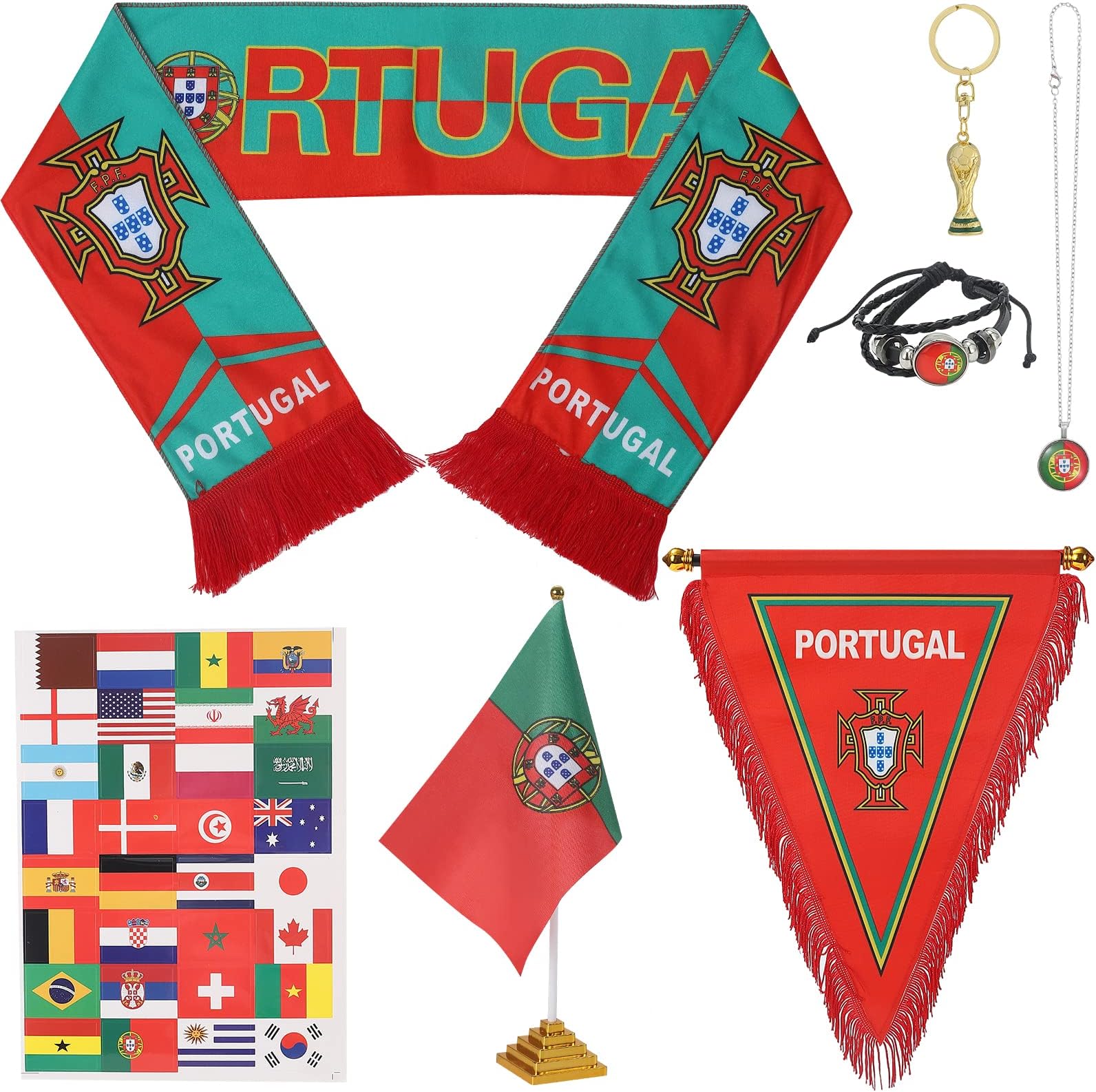 GHVALLYFootball Party Supplies Set Soccer Party Favors World Cup 2022 Football Party Bags Fillers Including Table Flag 32 Stickers Key Chain Scarf Bracelet Necklace Pennant for Kids and Fans, Portugal