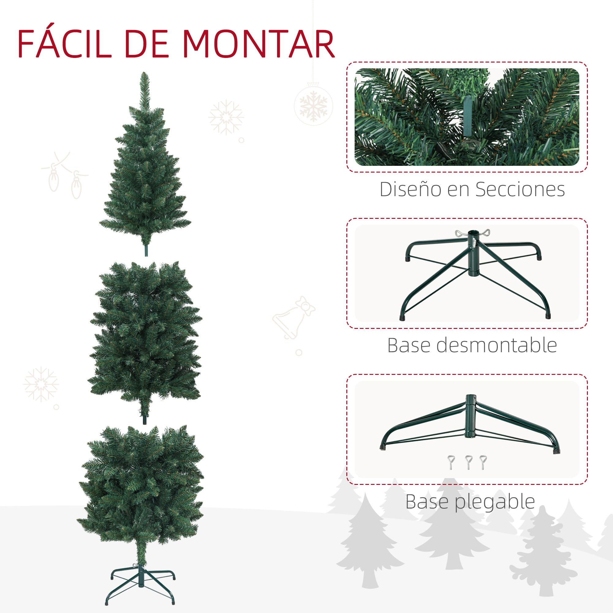 HOMCOM Árbol de Navidad Estrecho 183 cm Base Plegable 479 Ramas Verde