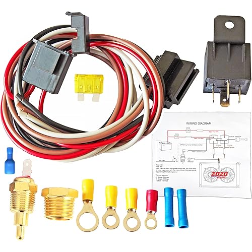 Electric Fan Wiring Kit Electric Fan Relay Kit with Thermostat Radiator Fan Sensor Switch Electric Cooling Fan Thermostat Kit Temperature Sensor Switch 185 On 175 Off, 40 AMP Waterproof Relay Kit