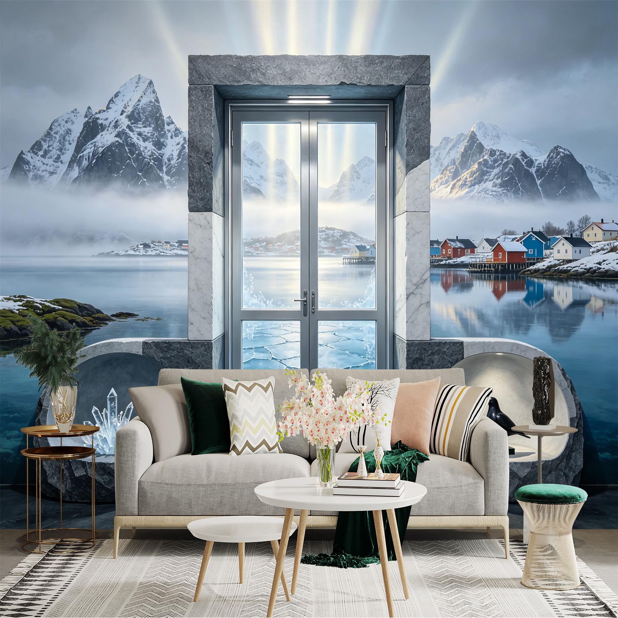 Custom Size Wall Sticker Mural， Arctic Fjord with Snow Mountains， Frozen Lake and Nordic Village， for wall Decoration， peelandstick wall Decals.